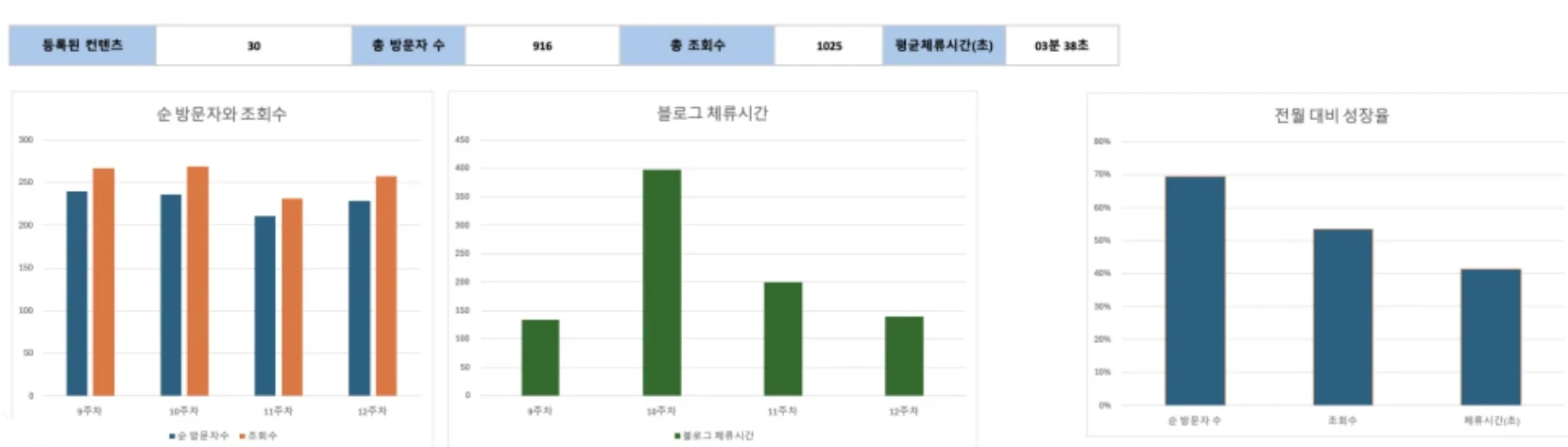 월간 블로그 보고서. 주차별 순 방문자와 조회수, 체류시간, 전월 대비 성장률 그래프